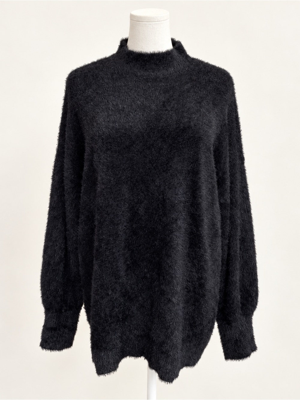 Chico’s Size 3 XL Black Fuzzy Eyelash Knit Oversized Mock Neck Sweater